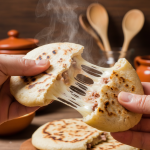 Pupusa getting pulled apart showing cheese stretch